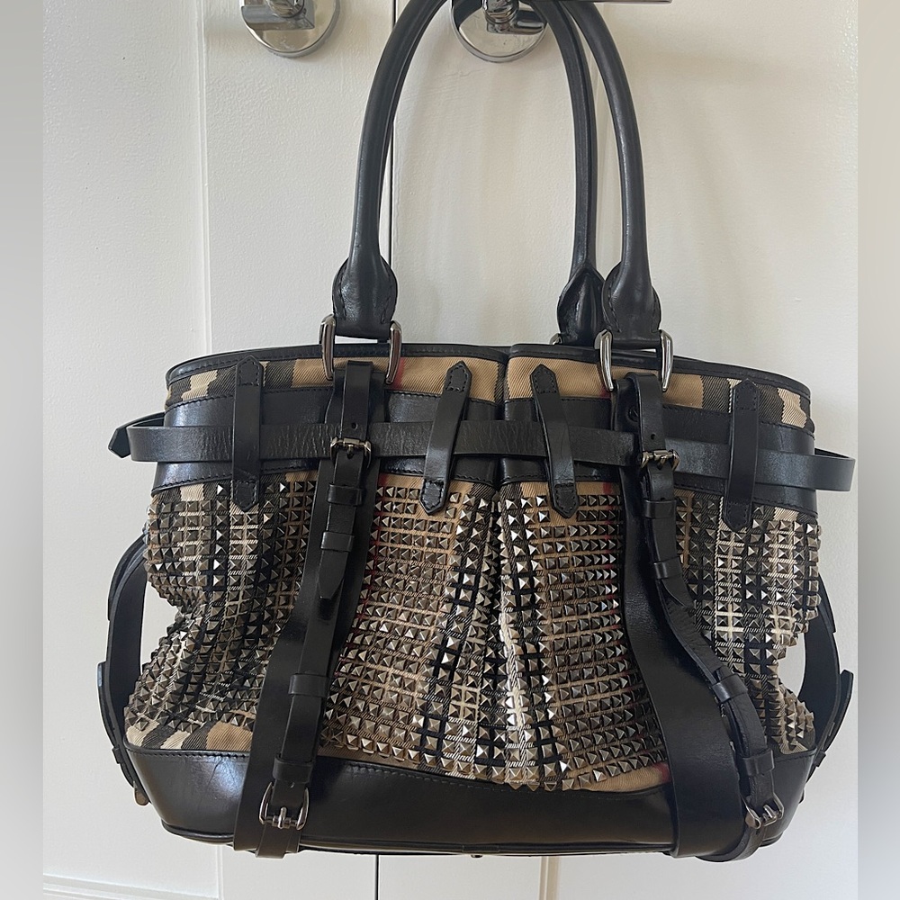 Burberry Prorsum Handbag with Pyramid Studs, Canvas Check and Leather Details.